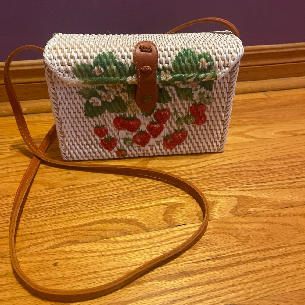 Strawberry Embroidered Woven Crossbody Bag